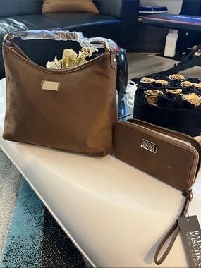 Badgley Mischka Brown Suede-Style Shoulder Bag with Matching Wallet